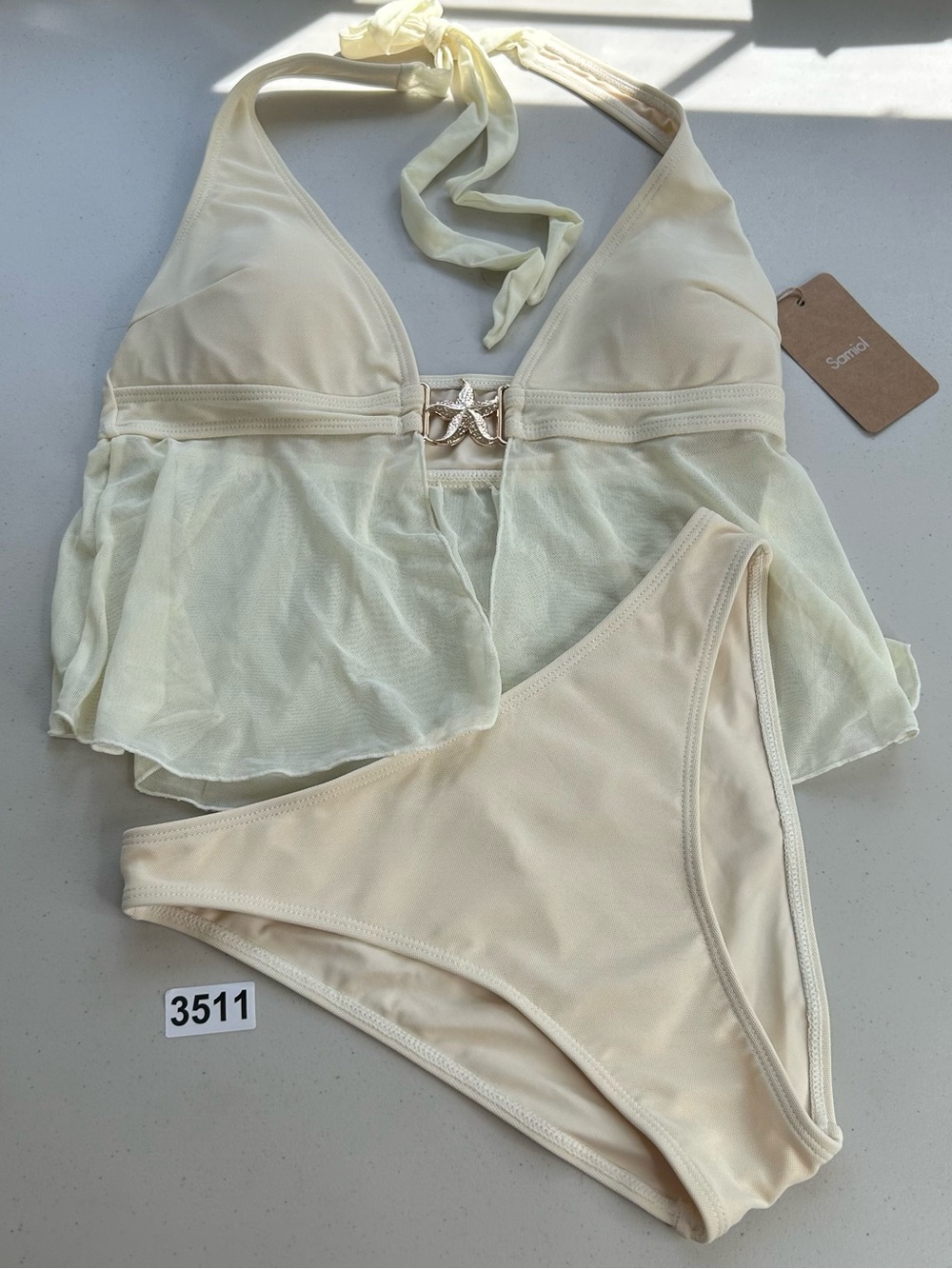 Samiol Tankini Bikini Set  Medium Off White Mesh Starfish Decorated Swimwear